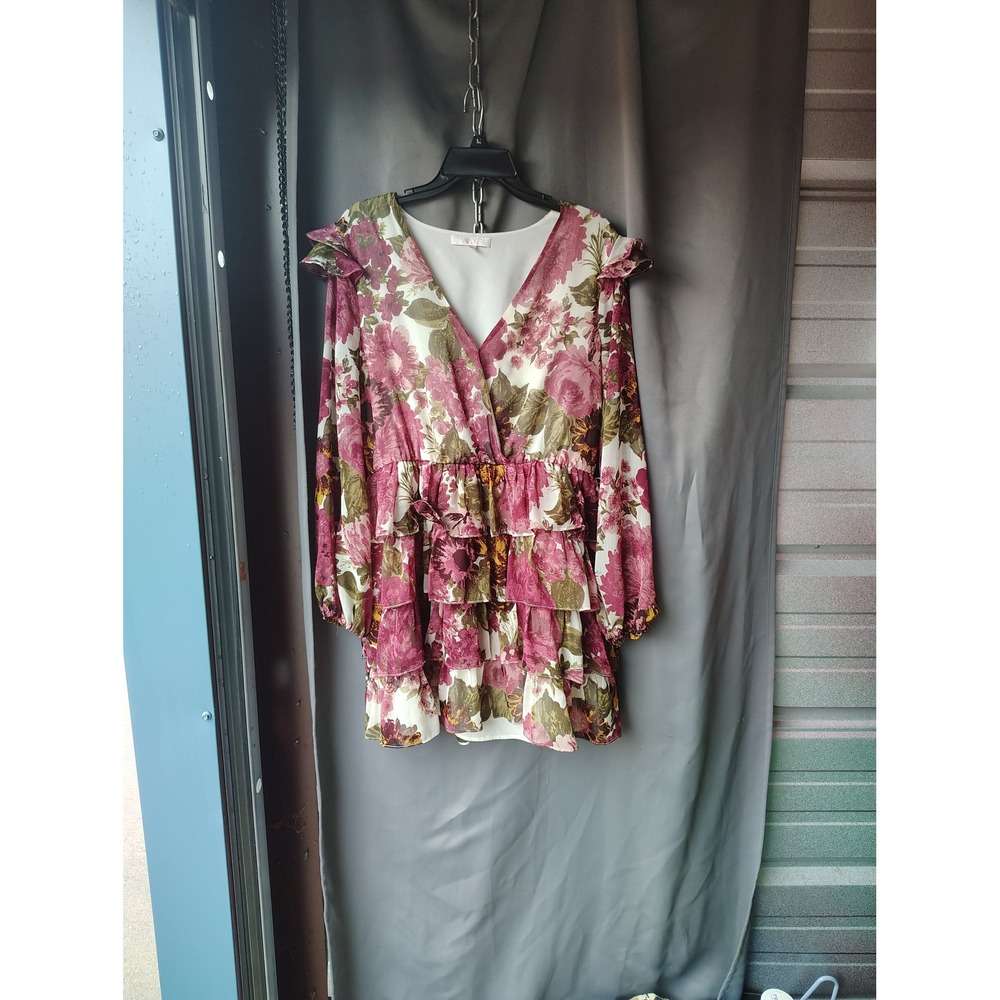 WAYF Floral Ruffle Tiered Mini Dress Pink Green Long Sleeve V-Neck Large‎